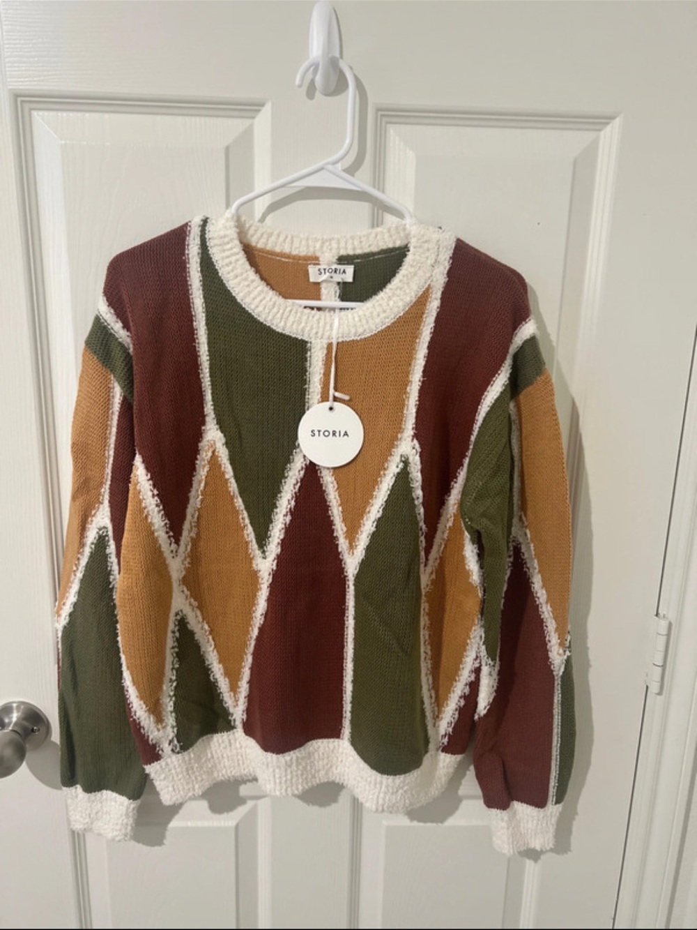 Storia Olive, Mustard & Rust Diamond Knit Crewneck Sweater